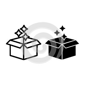 Magic open box line and glyph icon. Box with stars vector illustration isolated on white. Box of magic outline style