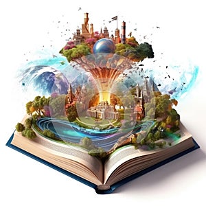 Magic opened the book, covered with grass, trees and a waterfall, surrounded by the ocean. Fantastic world, imaginary