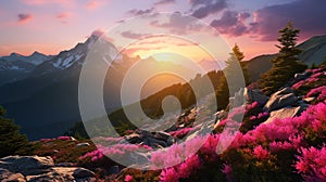 pink rhododendron flowers on summer mountain