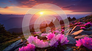 pink rhododendron flowers on summer mountain