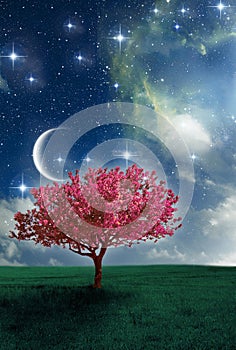 Magic pink tree with moon, stars and nebula over night sky with copy space