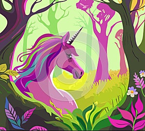 Magic pink unicorn with colorful mane in blooming forest