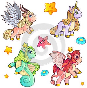 Magic ponies, set of images, funny illustration