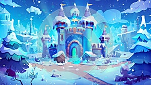 The magic portal with a fairytale castle in blue glow. Modern cartoon fantasy illustration, a winter landscape with snow