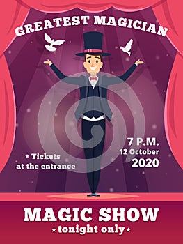 Magic poster invitation. Circus magician show placards vector template red curtains shows of wizard tricks vector