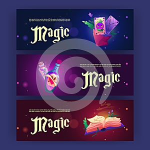 Magic posters with elixir, cards and book of spell