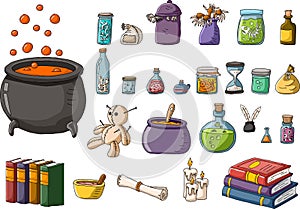 Magic potion in boiling cauldron and other wizard objects.