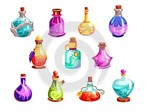 Magic potion bottle, energy elixir phial, alchemy liquid flask isolated game asset set on white