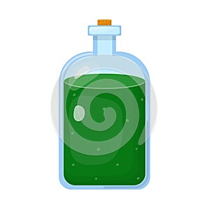 Magic potion in bottle with green liquid isolated on white background. Chemical or alchemy elixir. Vector illustration for any