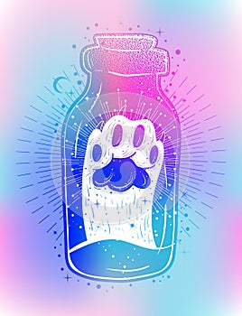 Magic potion: bottle jar with cat`s paw inside. Tattoo art style illustration. Bohemian and gypsy motifs