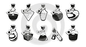 Magic Potion Bottles Black Icons Set. Monochrome Vials Each Crafted With Intricate Details. Alchemical Mystique Flasks