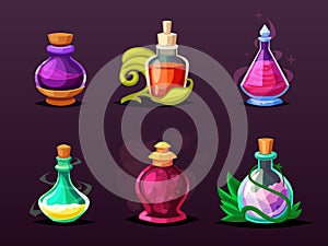 magic potion bottles with elixir set. fantasy glass flasks with colorful liquid plugs, toxins poison. ui gaming assets