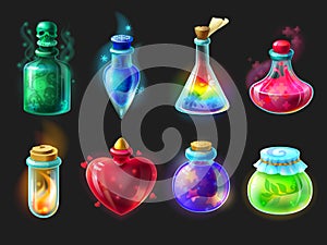 Magic potion. Cartoon game interface elements, alchemist bottles with elixir, poison, antidote and love potion. Vector