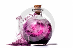 Magic potion in glass bottle on white background