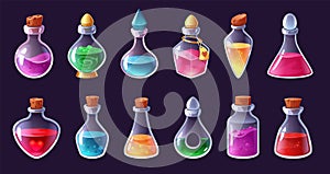 Magic potion. Love elixir, magical liquid bottles and alchemy inventory cartoon game interface elements vector set photo