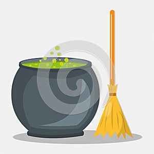 Magic potion pot and broom witch for halloween concept vector illustration