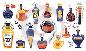 Magic potions. Alchemist cartoon bottles with love potion and magical elixir, witch and wizard magic vials. Witchcraft