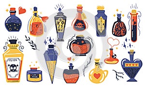 Magic potions. Alchemist cartoon bottles with love potion and magical elixir, witch and wizard magic vials. Witchcraft photo