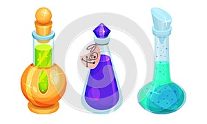 Magic Potions and Elixirs with Colorful Liquids Poured in Glass Fancy Shaped Bottles Vector Set