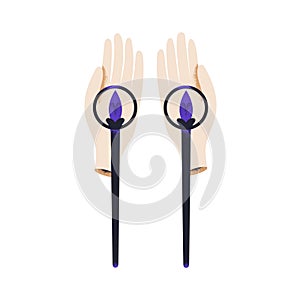 Magic power and ability concept. Hand palms with two wands, options. Creative energy and resources, opportunity symbol