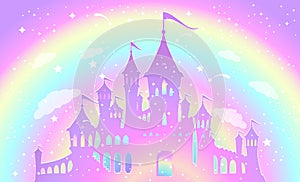 Magic princess palace and rainbow sky.