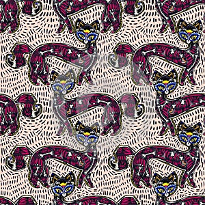 Magic quirky living dead contemporary style bone zombie Cat seamless pattern. Retro modern kitty aesthetic background.