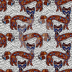 Magic quirky living dead contemporary style bone zombie Cat seamless pattern. Retro modern kitty aesthetic background.