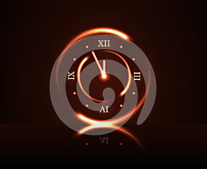 Magic red clock countdown five minute time. Happy New Year background. Golden decoration for Christmas card, greeting