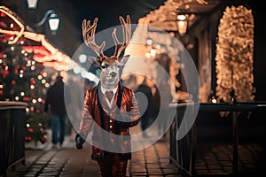 Magic reindeer Santa Claus, dressed in a suit, walks along the street of Christmas town in night snowfall