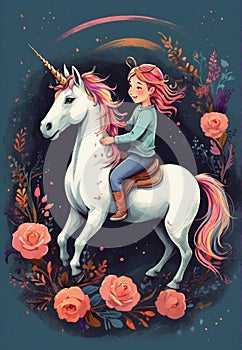 Magic Ride: Young Girl Riding Unicorn in Hand-Drawn Scene