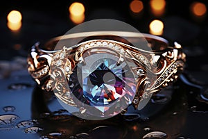 Magic ring made of precious metal with a large gemstone close-up, AI Generated