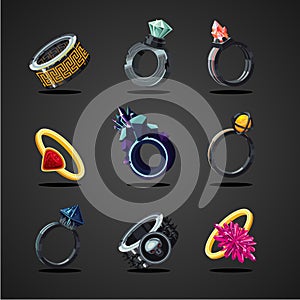 Magic rings collection. Game design concept set, cartoon style.