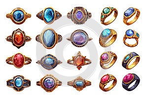 Magic rings with gems set. Precious metal jewelry with diamond, emerald, ruby, sapphire, aquamarine, topaz, amethyst