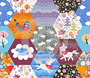 Magic seamless patchwork pattern with cute raccoon, unicorn, fox, bird, fairy forest and clouds. Quilting design for cozy home