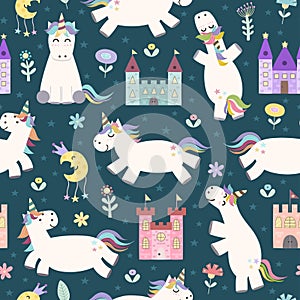 Magic seamless pattern with cute little unicorn and castles