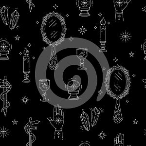 Magic seamless pattern with items, mirror, hands, crystals, eyes, snake, candles