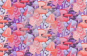 Magic seamless pattern with tight psychedelic mushrooms on dark violet. Vector texture with tangled hallucinogen neon fungus