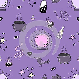 Magic seamless pattern. Witchcraft and witch amulets, cauldron and magic ball, potion and eye, snake and raven on purple