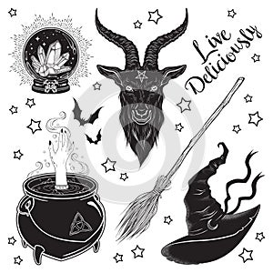 Magic set black phillip goat, crystal ball, cauldron, broom and pointy hat hand drawn art isolated. Antique style boho chic