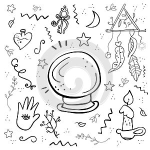 Magic set hand, crystal ball. Black and white. Fortune telling, Halloween, Cartoon vector Doodle illustration