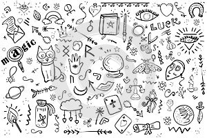 Magic set hand, crystal ball, bottle etc. Black and white. Fortune telling, Halloween, Saint valentine`s day Cartoon vector Doodl
