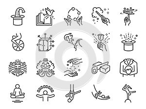 Magic show line icon set. Included the icons as unicycle, magician, acrobatics, clown, magical wand, performance, juggling, exciti