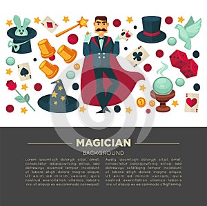 Magic show poster of magician man and trick equipment vector flat icons