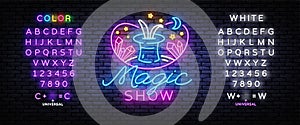 The magic show neon sign vector. Focus and entertainment Design template neon sign, light banner, nightly bright advertising,