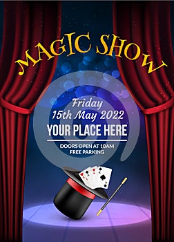 Magic Show poster design template. Illusion magical vector background. Theater magician flyer with hat trick