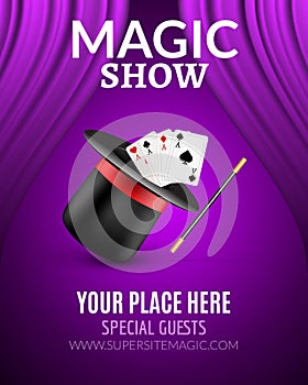 Magic Show poster design template. Magic show flyer design with magic hat and curtains photo