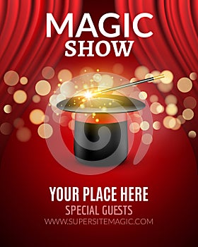 Magic Show poster design template. Magic show flyer design with magic hat and curtains photo