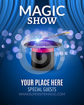 Magic Show poster design template. Magic show flyer design with magic hat and curtains photo