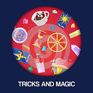 Magic show, tricks performance, circus background banner vector illustration. Accessories for magician, prestidigitator