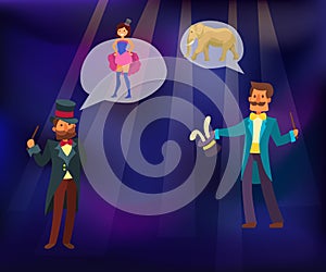 Magic show vector illustration. Magician conjured rabbit out of magical hat. Illusionist performing tricks with girl on